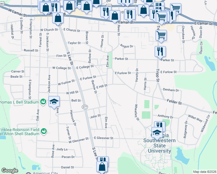 map of restaurants, bars, coffee shops, grocery stores, and more near 800 Elm Avenue in Americus