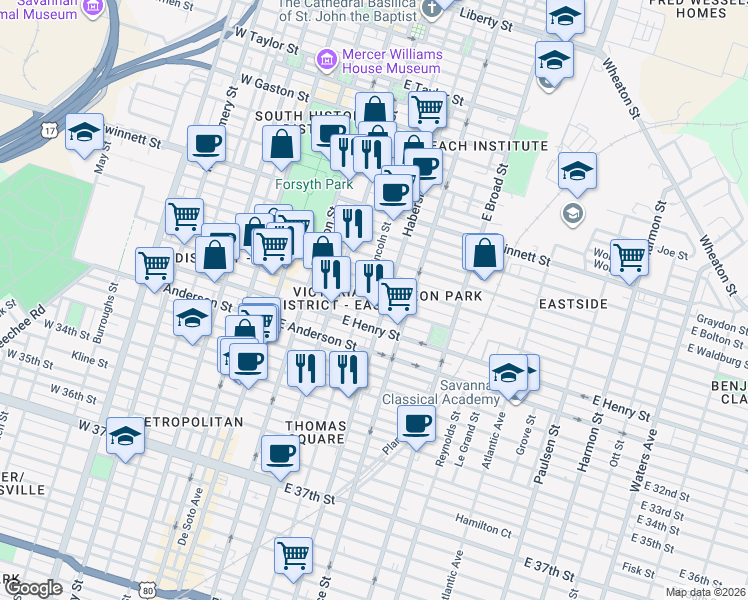 map of restaurants, bars, coffee shops, grocery stores, and more near 312 East Duffy Street in Savannah