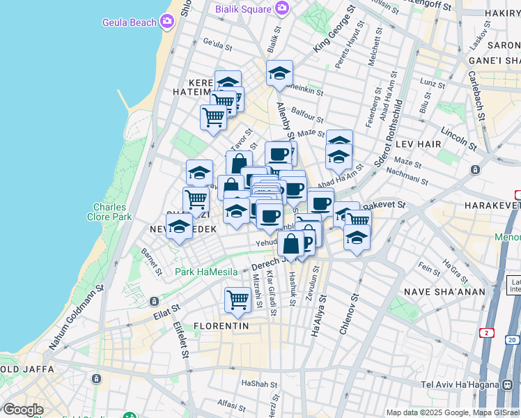 map of restaurants, bars, coffee shops, grocery stores, and more near 3 Rothschild Boulevard in Tel Aviv-Yafo