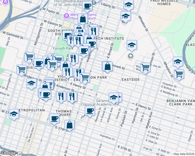 map of restaurants, bars, coffee shops, grocery stores, and more near 1114 East Broad Street in Savannah