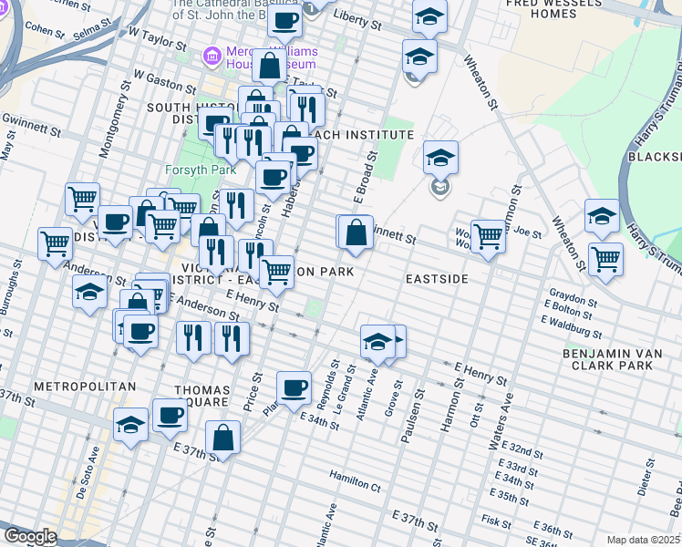 map of restaurants, bars, coffee shops, grocery stores, and more near 1114 East Broad Street in Savannah