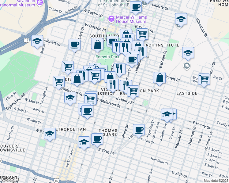 map of restaurants, bars, coffee shops, grocery stores, and more near 211 East Park Avenue in Savannah