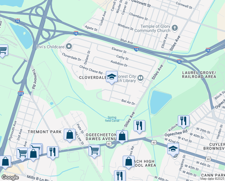 map of restaurants, bars, coffee shops, grocery stores, and more near 2001 Cynthia Street in Savannah