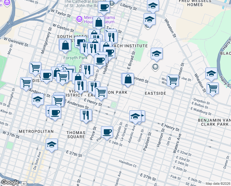map of restaurants, bars, coffee shops, grocery stores, and more near 538 East Waldburg Street in Savannah