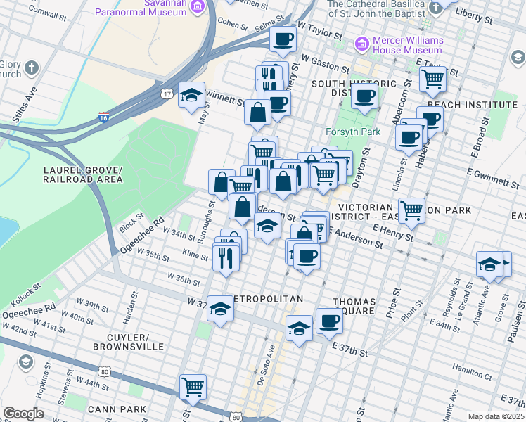 map of restaurants, bars, coffee shops, grocery stores, and more near 1308 Montgomery Street in Savannah