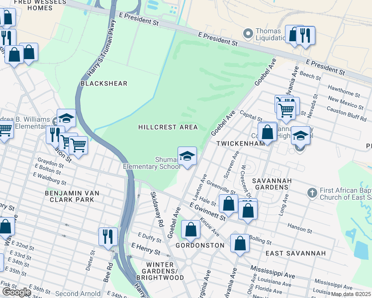 map of restaurants, bars, coffee shops, grocery stores, and more near 415 Goebel Avenue in Savannah