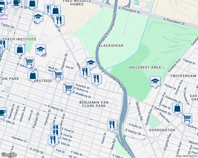 map of restaurants, bars, coffee shops, grocery stores, and more near 1210 Wheaton Street in Savannah