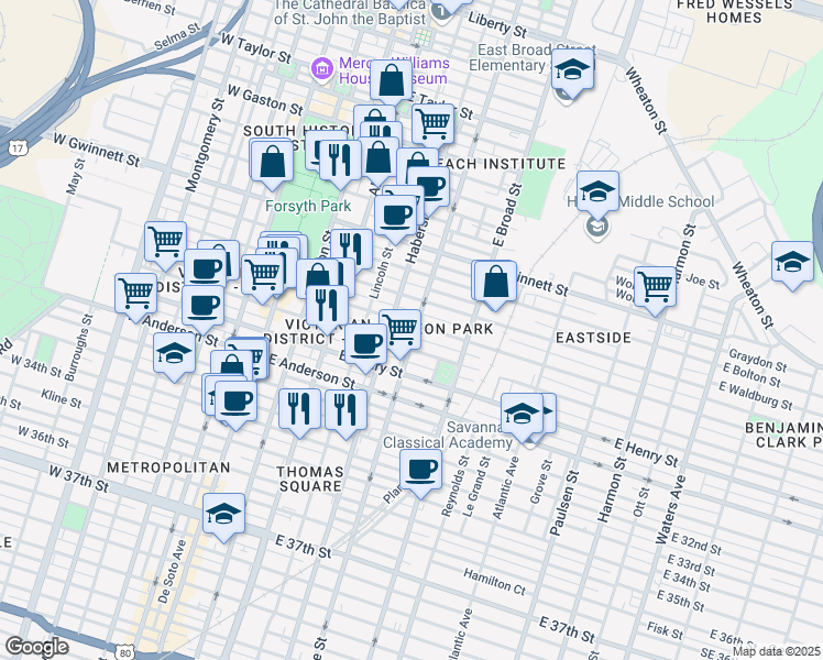 map of restaurants, bars, coffee shops, grocery stores, and more near 505 East Waldburg Street in Savannah