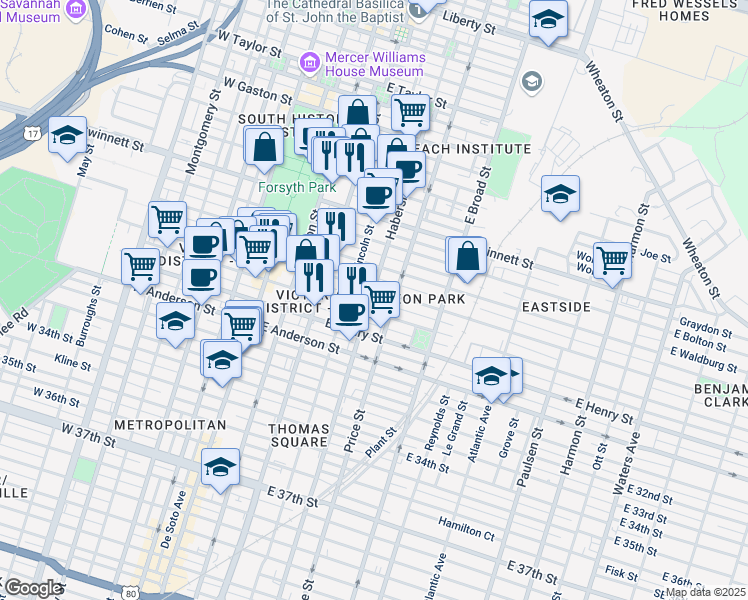 map of restaurants, bars, coffee shops, grocery stores, and more near 1011 Habersham Street in Savannah