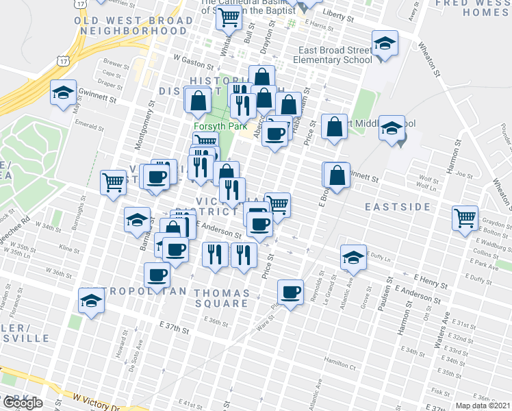 map of restaurants, bars, coffee shops, grocery stores, and more near 211 East Park Avenue in Savannah