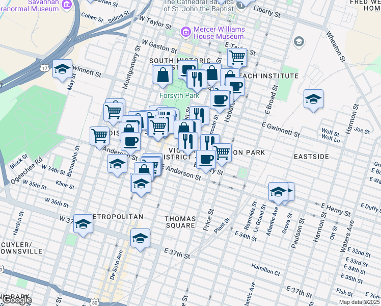 map of restaurants, bars, coffee shops, grocery stores, and more near 110 East Duffy Street in Savannah