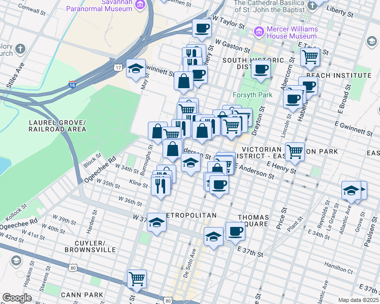 map of restaurants, bars, coffee shops, grocery stores, and more near 1308 Montgomery Street in Savannah