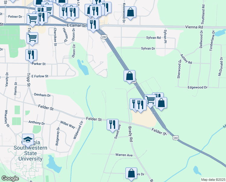 map of restaurants, bars, coffee shops, grocery stores, and more near 114B Sullivan Drive in Americus
