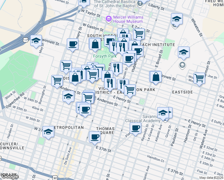 map of restaurants, bars, coffee shops, grocery stores, and more near 211 East Park Avenue in Savannah