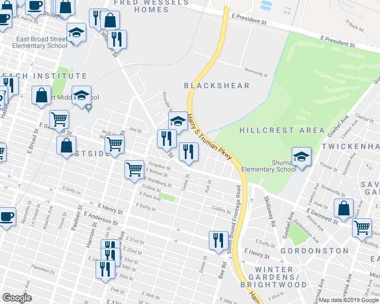 map of restaurants, bars, coffee shops, grocery stores, and more near 1210 Wheaton Street in Savannah