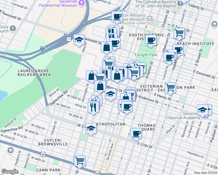map of restaurants, bars, coffee shops, grocery stores, and more near 1308 Montgomery Street in Savannah