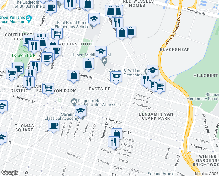 map of restaurants, bars, coffee shops, grocery stores, and more near 802 East Bolton Street in Savannah