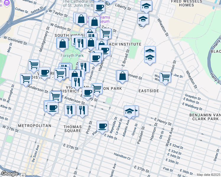 map of restaurants, bars, coffee shops, grocery stores, and more near 538 East Waldburg Street in Savannah