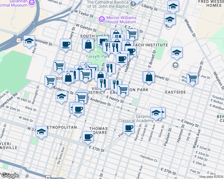 map of restaurants, bars, coffee shops, grocery stores, and more near 211 East Park Avenue in Savannah