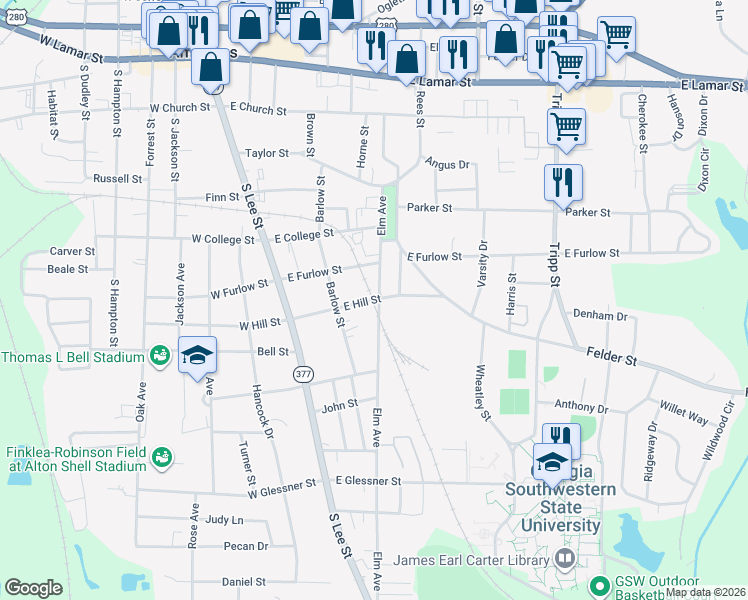 map of restaurants, bars, coffee shops, grocery stores, and more near 616 Elm Avenue in Americus