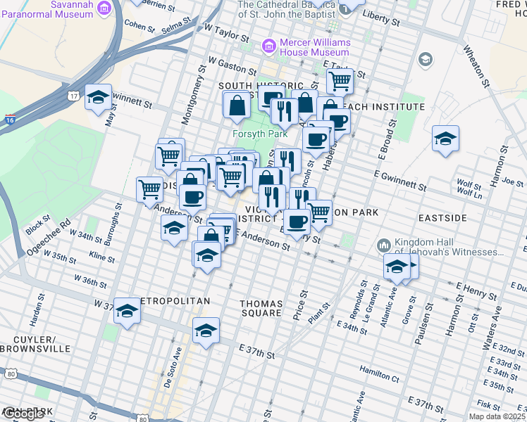 map of restaurants, bars, coffee shops, grocery stores, and more near 110 East Duffy Street in Savannah