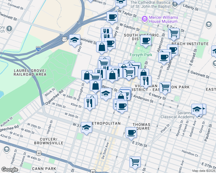 map of restaurants, bars, coffee shops, grocery stores, and more near 214 West Henry Street in Savannah