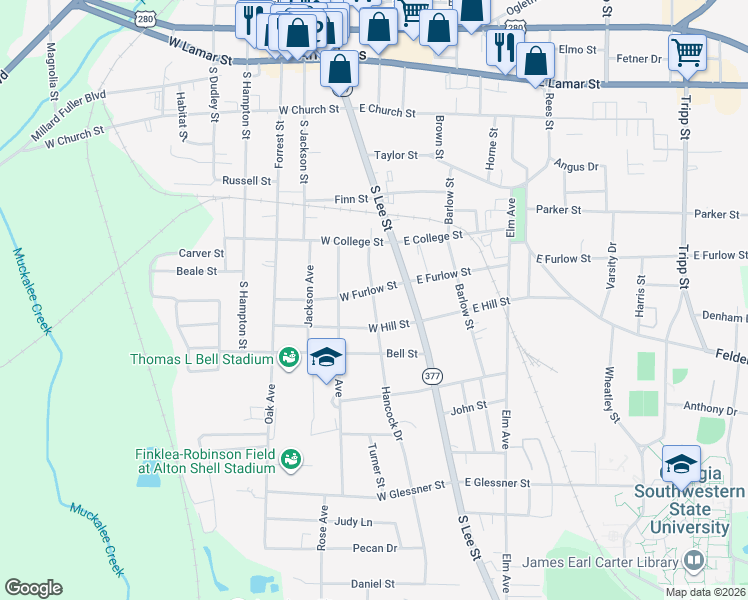 map of restaurants, bars, coffee shops, grocery stores, and more near 623 Hancock Drive in Americus