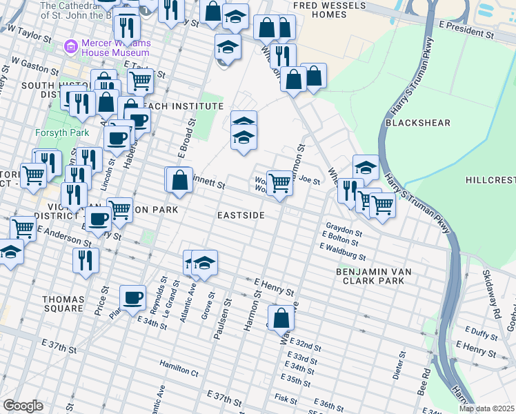 map of restaurants, bars, coffee shops, grocery stores, and more near 815 Paulsen Street in Savannah