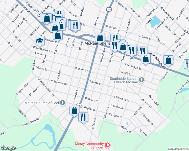 map of restaurants, bars, coffee shops, grocery stores, and more near 65 3rd Avenue in McRae-Helena