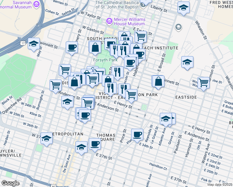 map of restaurants, bars, coffee shops, grocery stores, and more near 211 East Park Avenue in Savannah