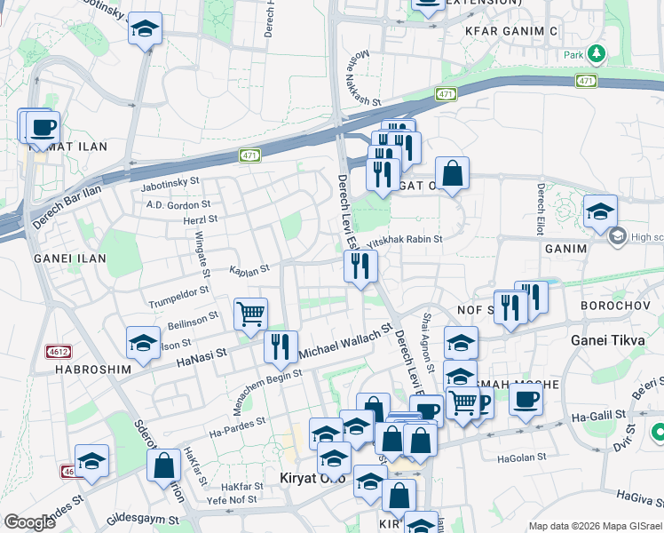 map of restaurants, bars, coffee shops, grocery stores, and more near 0 Lincoln Street in Qiryat Ono