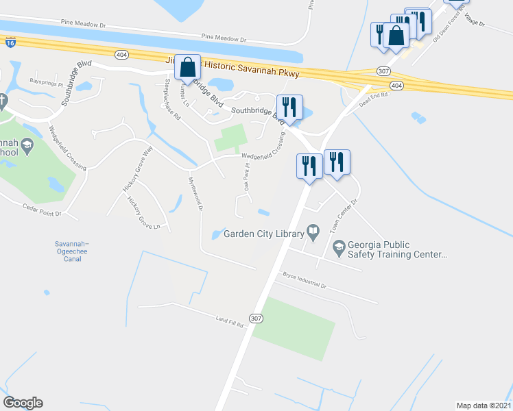 map of restaurants, bars, coffee shops, grocery stores, and more near 16 Oak Park Place in Savannah