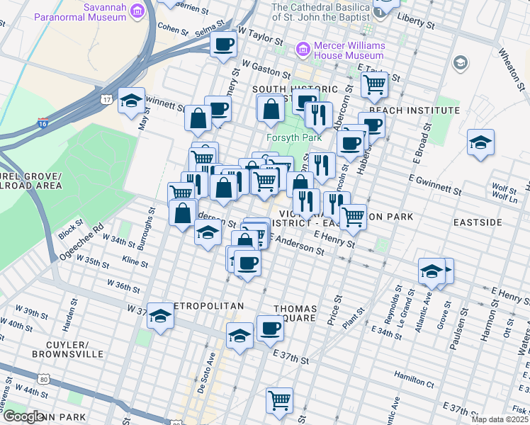 map of restaurants, bars, coffee shops, grocery stores, and more near 1110 Bull Street in Savannah