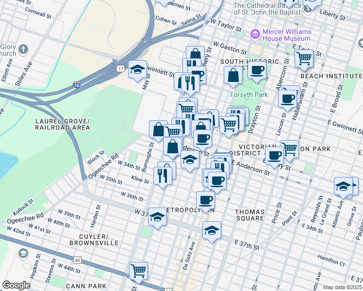 map of restaurants, bars, coffee shops, grocery stores, and more near 1308 Montgomery Street in Savannah