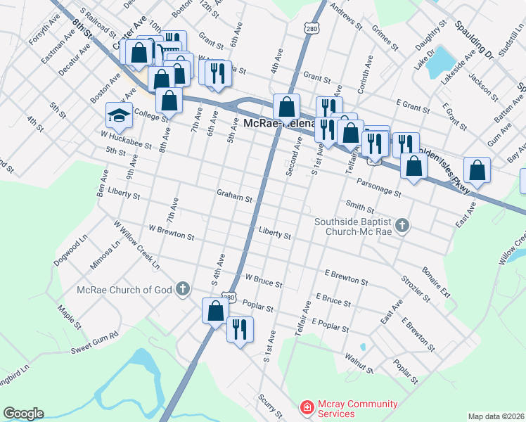 map of restaurants, bars, coffee shops, grocery stores, and more near 65 3rd Avenue in McRae-Helena