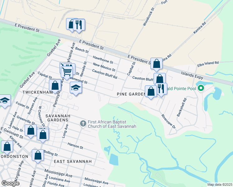 map of restaurants, bars, coffee shops, grocery stores, and more near 13 Gregory Street in Savannah
