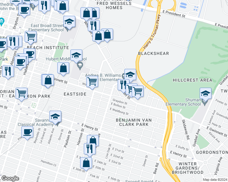 map of restaurants, bars, coffee shops, grocery stores, and more near 635 Waters Avenue in Savannah
