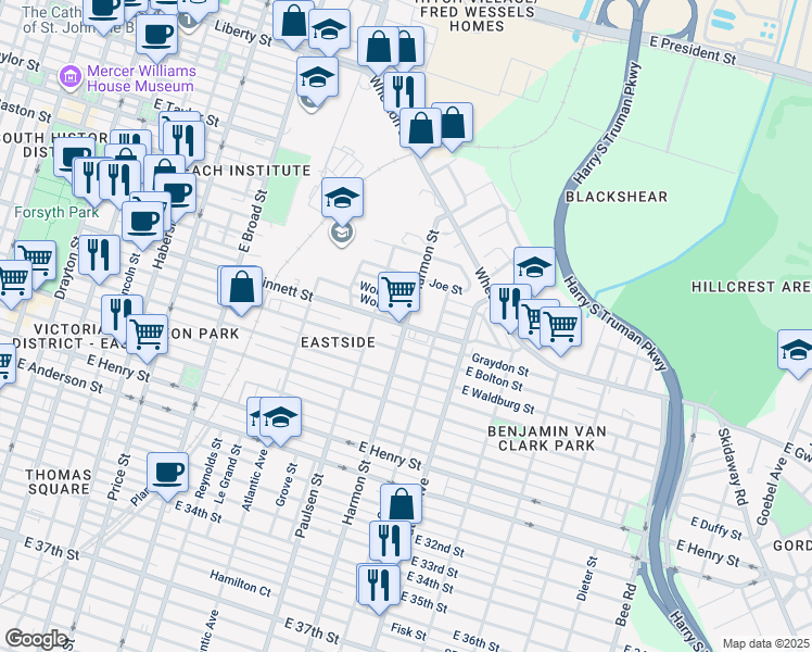map of restaurants, bars, coffee shops, grocery stores, and more near 900 East Gwinnett Street in Savannah