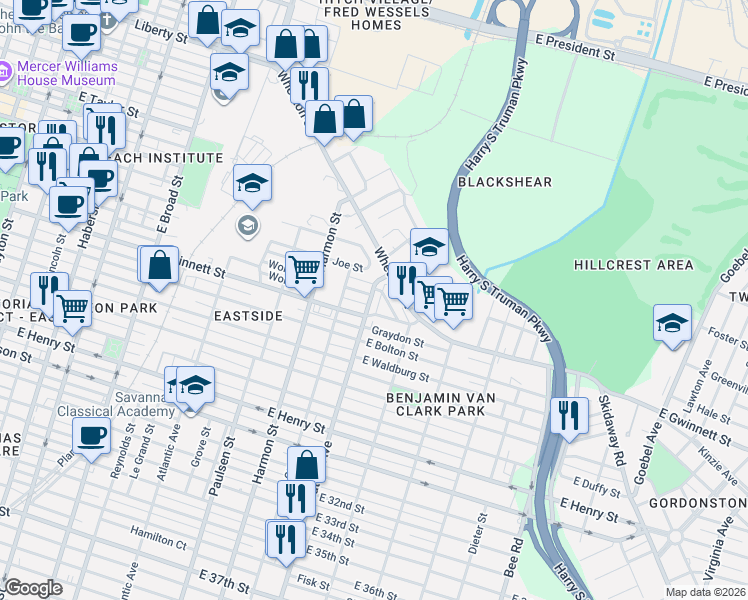 map of restaurants, bars, coffee shops, grocery stores, and more near 635 Waters Avenue in Savannah