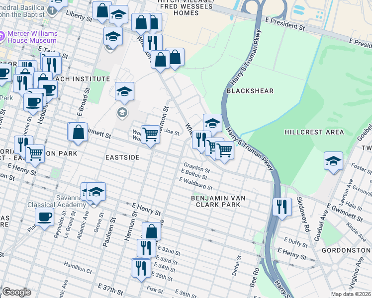 map of restaurants, bars, coffee shops, grocery stores, and more near 635 Waters Avenue in Savannah