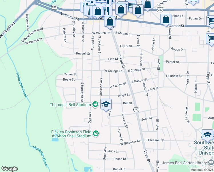 map of restaurants, bars, coffee shops, grocery stores, and more near 529 Harrold Avenue in Americus