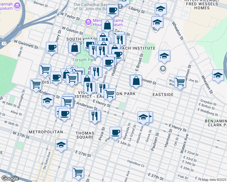 map of restaurants, bars, coffee shops, grocery stores, and more near 505 East Waldburg Street in Savannah