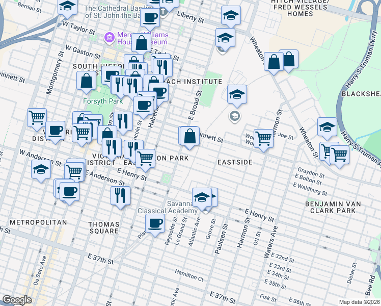 map of restaurants, bars, coffee shops, grocery stores, and more near 608 East Waldburg Street in Savannah