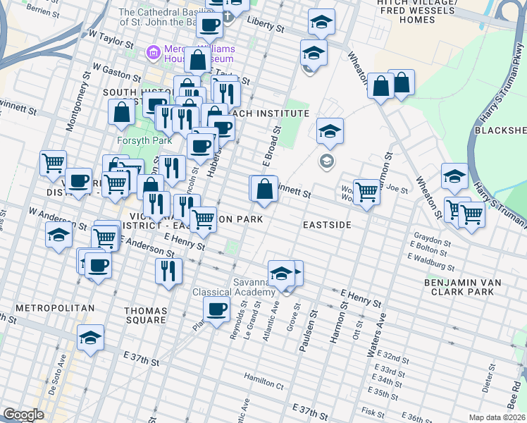 map of restaurants, bars, coffee shops, grocery stores, and more near 608 East Waldburg Street in Savannah
