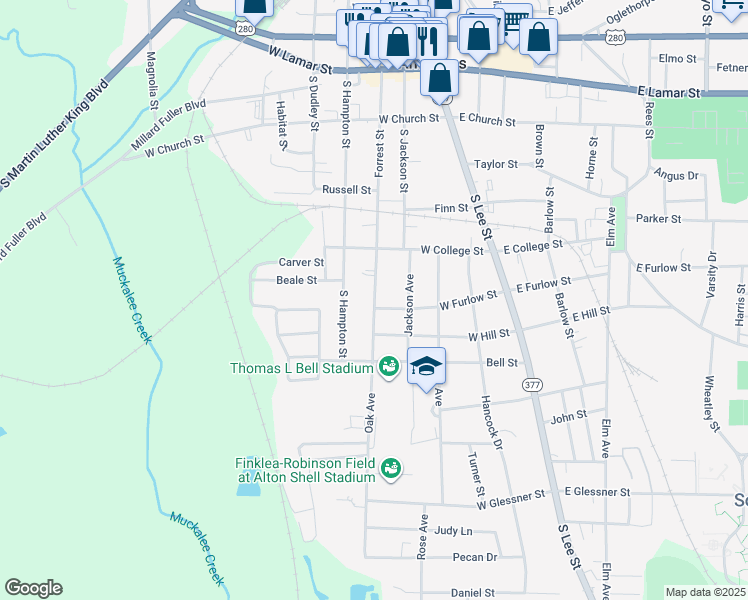 map of restaurants, bars, coffee shops, grocery stores, and more near 547 Oak Avenue in Americus