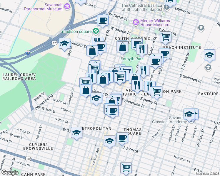 map of restaurants, bars, coffee shops, grocery stores, and more near 114 West Henry Street in Savannah