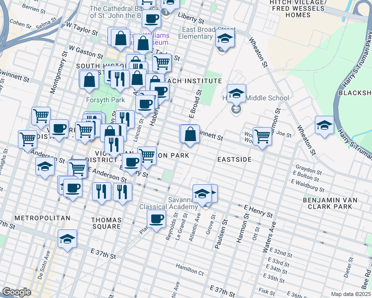 map of restaurants, bars, coffee shops, grocery stores, and more near 538 East Waldburg Street in Savannah