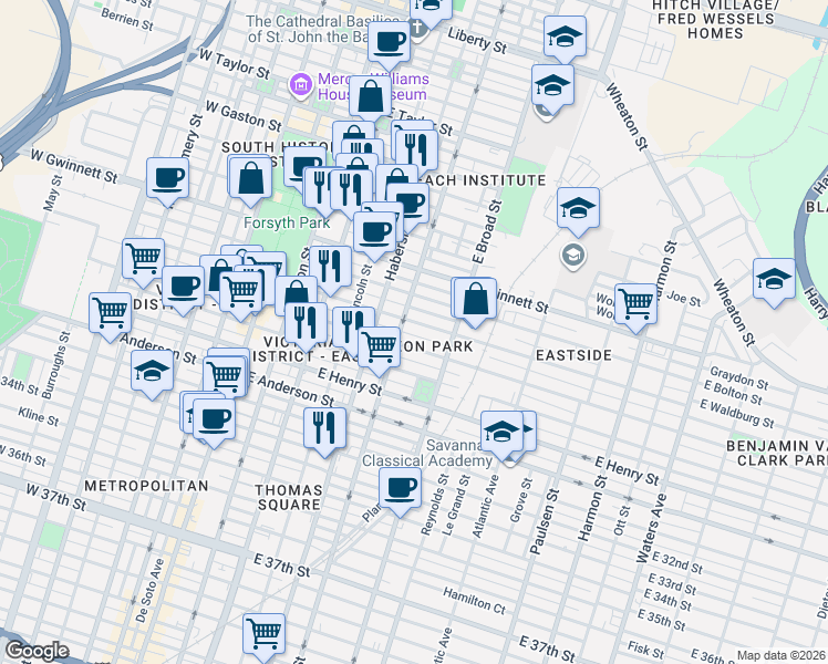 map of restaurants, bars, coffee shops, grocery stores, and more near 505 East Waldburg Street in Savannah