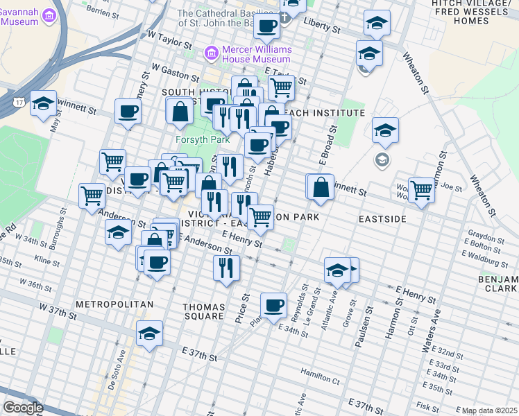 map of restaurants, bars, coffee shops, grocery stores, and more near 1011 Habersham Street in Savannah