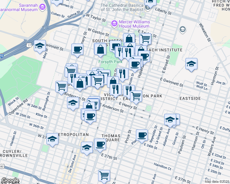 map of restaurants, bars, coffee shops, grocery stores, and more near 110 East Duffy Street in Savannah